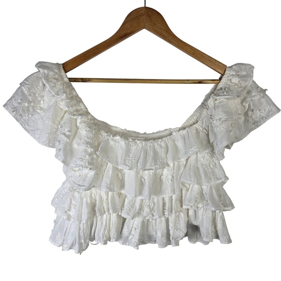 Mable White Eyelet Embroidered Ruffle Off Shoulder Crop Top Medium M - Picture 1 of 5
